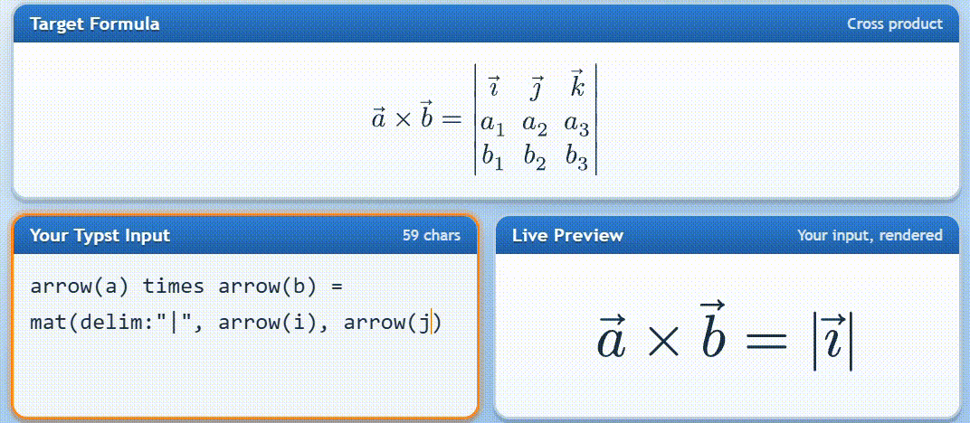 TypstRacer gameplay: typing a Typst formula and watching it match the target.